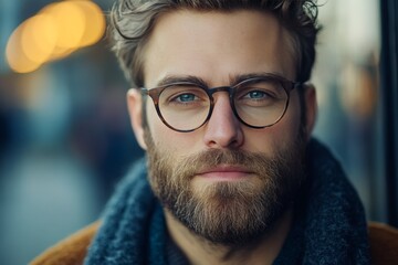 Handsome man with glasses and a beard outdoors during a golden hour in a city setting