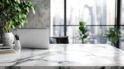 Modern Marble Desk Workspace with Laptop and City View