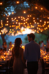 Fototapeta premium Dîner aux chandelles en extérieur, guirlandes lumineuses, couple romantique, ambiance magique