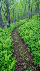 A serene forest path winding through lush ferns and trees, inviting exploration in a vibrant green landscape.