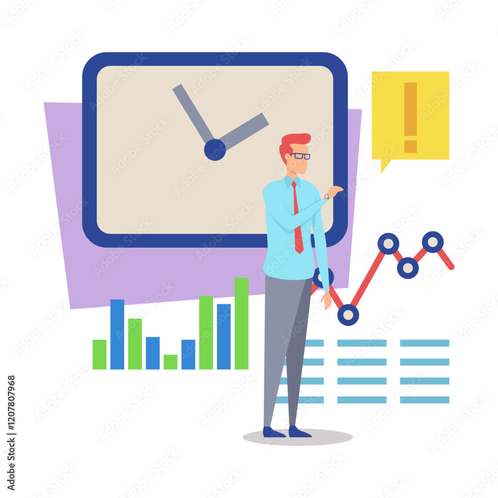 Poster businessman standing confidently pointing at graph while clock showing time and warning sign appeari