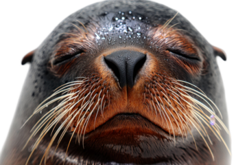 Close-up of a sea lion's face, eyes closed, wet fur, whiskers prominent, peaceful expression.