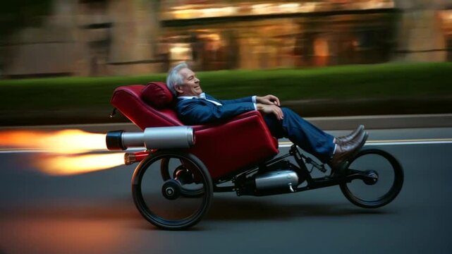 Crazy old inventor speeding down the street in his rocket powered recliner. Looks kinda dangerous.
