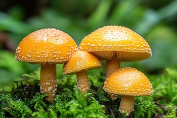 Four yellow mushrooms growing on moss in forest