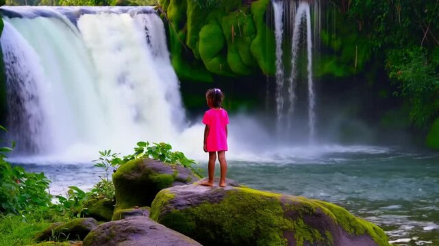 4k Camera Video of a girl standing on the rock looking at the white rushing water at Lokomboro Waterfall, surrounded by lush green landscapes on Sumba Island Indonesia