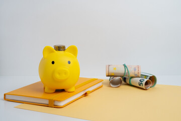 Money management in crisis. Piggy bank on the background of money. Book on financial literacy....
