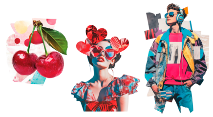 PNG Vibrant 80s pop art and retro collage style featuring cherries, heart-shaped sunglasses, and stylish fashion. Bold colors, vintage fashion, and playful aesthetic combining contemporary.