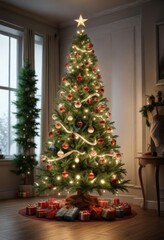 Christmas tree decorated with ornaments and lights, colorful ornaments, decorative items