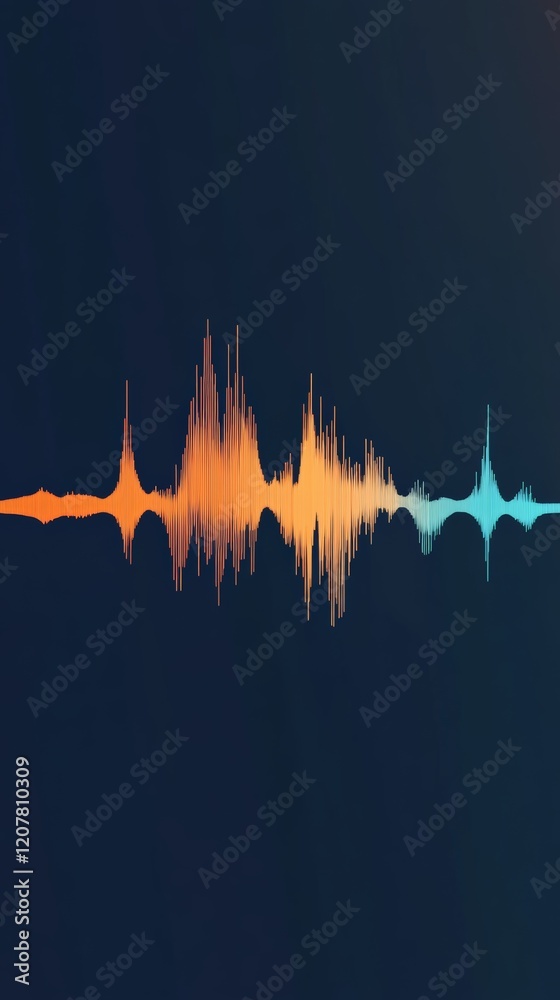 Poster Soundwave oscillating with orange and light blue peaks and valleys, creating a visual representation of audio frequencies on a dark background, ideal for music or podcast projects