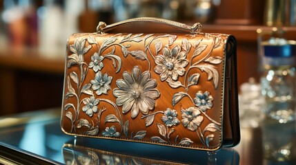 Intricately designed golden evening clutch displayed in soft lighting