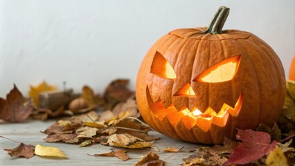 Close-up of a carved pumpkin with glowing eyes, eerie expression, autumnal decor, glowing eyes, autumnal hues