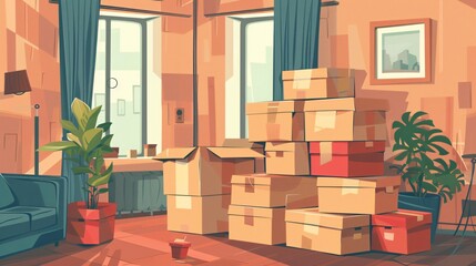 Professional Home Moving Box Pile Vector Illustration for Packing - Organized Cartoons