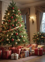 Classic Christmas scene featuring a beautifully adorned tree and presents, traditional colours, festive atmosphere