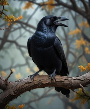 Black crow perched on a twisted tree branch, its beak twisted into an unsettling grimace, emitting a series of high-pitched squeaks and chirps, crow vocalization, woodland creatures