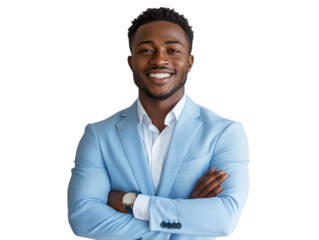 A confident young African-American businessman smiling warmly, dressed in a light blue blazer standing with arms crossed isolated on white background. PNG file