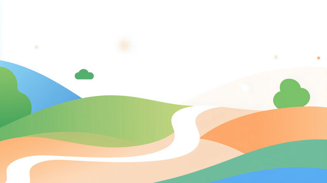 A vibrant, abstract landscape featuring rolling hills, a winding path, and playful colors that evoke a sense of adventure and tranquility