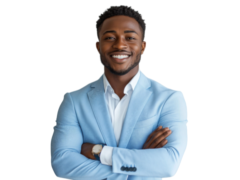 A confident young African-American businessman smiling warmly, dressed in a light blue blazer standing with arms crossed isolated on white background. PNG file