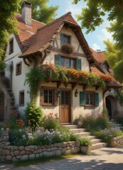 charming and quaint German cottage with a steeply pitched roof and wooden shutters, wood, rustic