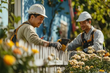 Two Asian construction workers repainting a wooden fence surrounded by vibrant flowers during a sunny day in a residential neighborhood, showcasing teamwork and dedication to enhancing outdoor space