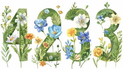 Fototapeta premium Elegant Number Four Watercolor Wild Flowers Leaf Design