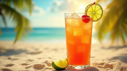 Refreshing Jamaican rum punch served on a sunny beach with ice