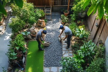 A talented team of Asian landscapers is hard at work, skillfully crafting a beautiful stone path that winds through a lush, vibrant garden.