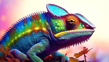 Obraz premium Chameleon with rainbow-like skin patterns resting on leaves, surrounded by a dreamy bokeh background