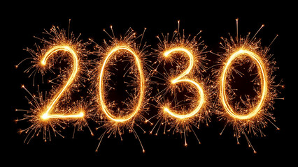 Sparkling lights form the year 2030, symbolizing celebration and optimism for the future. The dark background enhances the glow, creating a festive atmosphere.