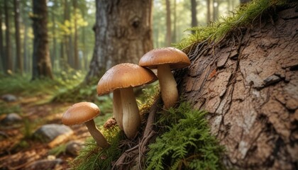 Boletus edulis mushroom growing on a tree trunk in the forest, fungi, mushroom, boletus edulis