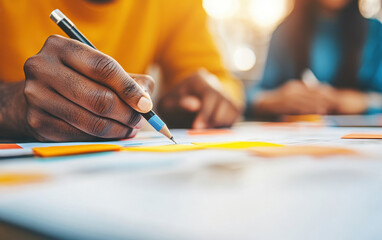 Creative brainstorming session with young entrepreneurs using sticky notes and pen. atmosphere is collaborative and focused, showcasing innovative ideas in action