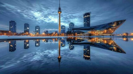 Naklejka premium A city skyline at dusk, featuring modern buildings and a tower reflected in calm water.