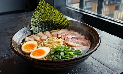 Japanese ramen bowl with boiled eggs and pork slices, traditional ramen served with seaweed, perfect for Japanese food ads, menus, or cooking blogs