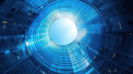 A circular view of a modern glass building, showcasing the sky through its reflective surfaces.