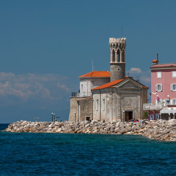 Promenade with St. Clemente church, Piran, Promorska, Istria, Slovenia