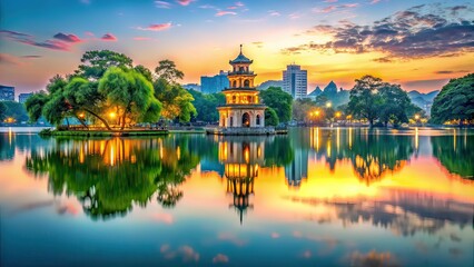 Naklejka premium Hoan Kiem Lake Hanoi Vietnam Rule of Thirds Photography AI Art