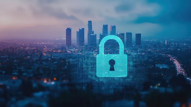 A padlock symbol overlays a cityscape, representing cybersecurity with a focus on digital protection and secure interfaces within an urban environment.