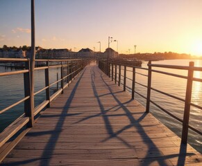 Fototapeta premium Bright sunshine illuminates a vibrant overhead of bay and boardwalk at sunset , sunset, sailing boats