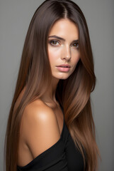 Naklejka premium A woman with long, glossy hair poses confidently against a simple background, emphasizing her striking features and natural allure. Soft lighting highlights her graceful profile.