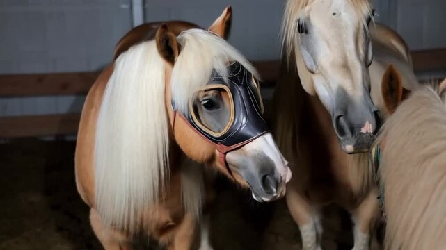 Two horses, one Haflinger horse with white mane and protective face fly mask, grooming each other, slow motion vertical video
