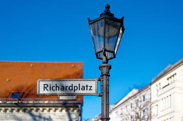 View of an old lantern in the historic district of Rixdorf in Berlin.