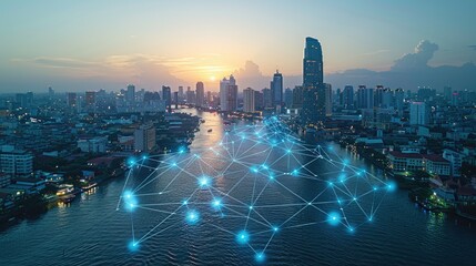 A city skyline at sunset with a digital network overlay representing connectivity and technology.