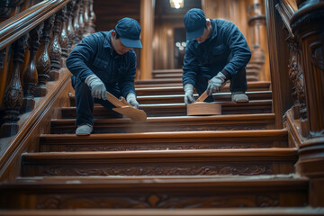 In the heart of a vintage interior, skilled Asian craftsmen meticulously sand and polish wooden stairs, dedicating their expertise to achieving a flawlessly smooth and gleaming finish