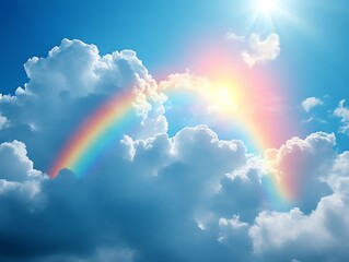 Heavenly rainbow arching cloudscape, sunburst backdrop