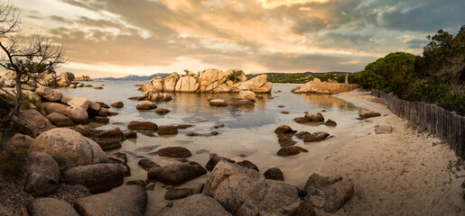 Famous Palombaggia beach with rocks at sunset, Island of Corsica, France