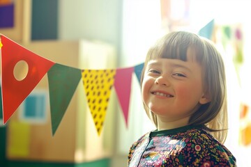 A joyful child smiles in front of a colorful inclusion banner, celebrating World Down Syndrome Day with vibrant decorations in a cheerful environment.