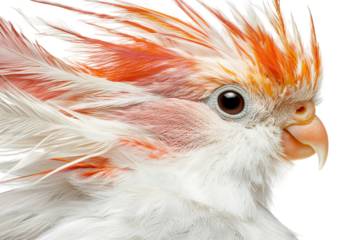Close-up portrait of a Salmon-crested Cockatoo, showcasing its vibrant orange and white feathers, expressive eye, and unique crest.