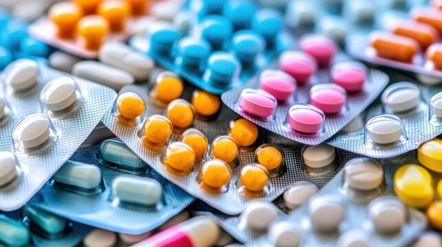 A pile of colorful medicine pills and capsules is arranged in blister packs, showcasing a variety of vibrant medications.