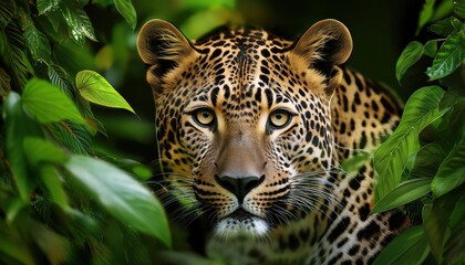 Obraz premium Close-up portrait of a leopard surrounded by lush foliage.