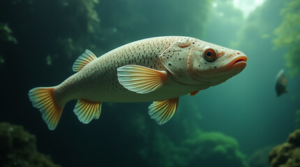 Fototapeta premium A fish with distinctive markings glides effortlessly through clear blue water, surrounded by lush underwater plants and soft light creating a tranquil atmosphere.