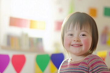A cheerful child with Down syndrome smiles brightly, celebrating World Down Syndrome Day, surrounded by an inclusive atmosphere with vibrant decorations and an inclusion banner.